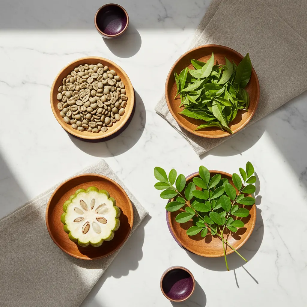 Four botanical ingredients - green coffee beans, green tea leaves, garcinia cambogia cross-section, moringa leaf sprigs - arranged on white marble