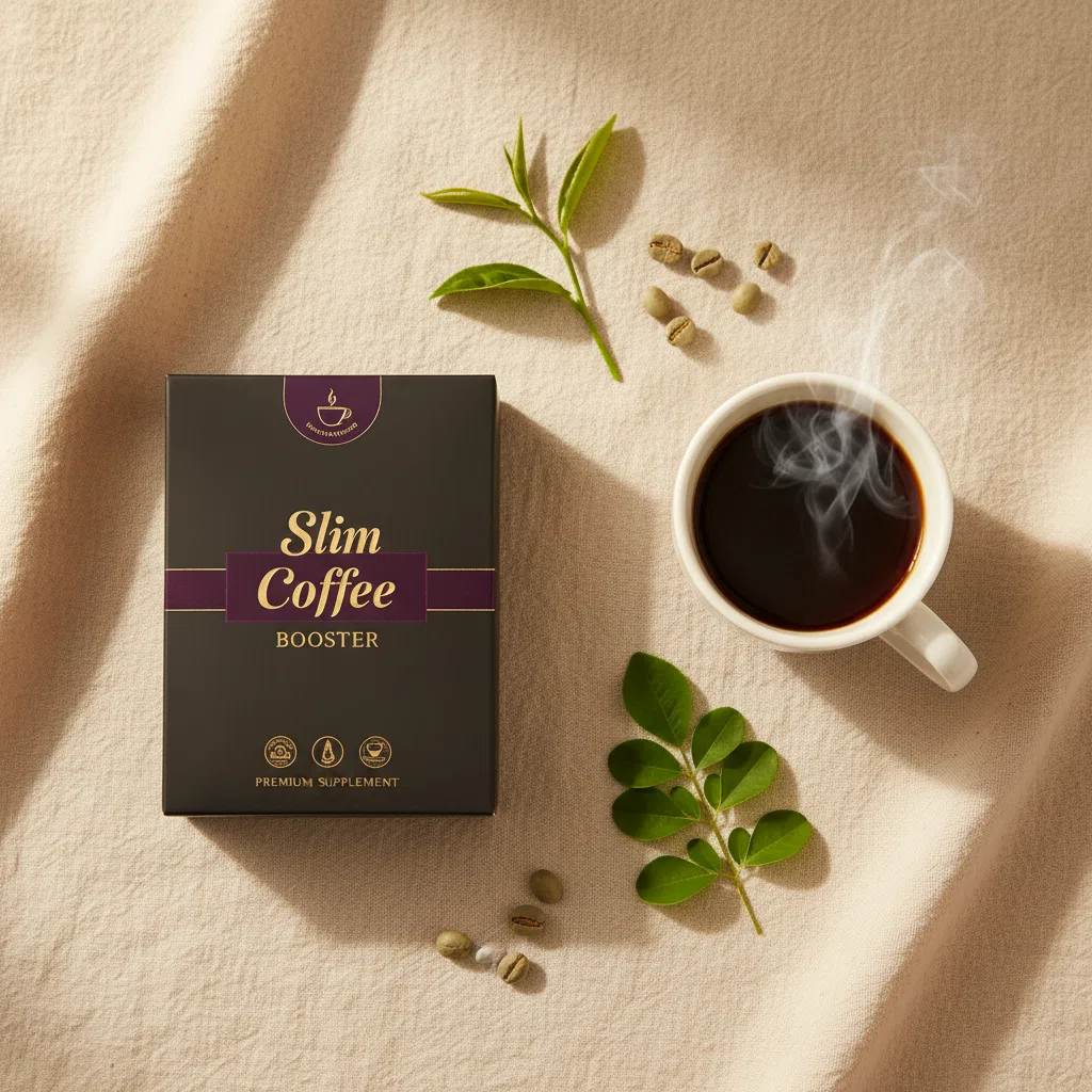 Slim Coffee Booster box on cream linen beside a white ceramic coffee cup and green coffee beans