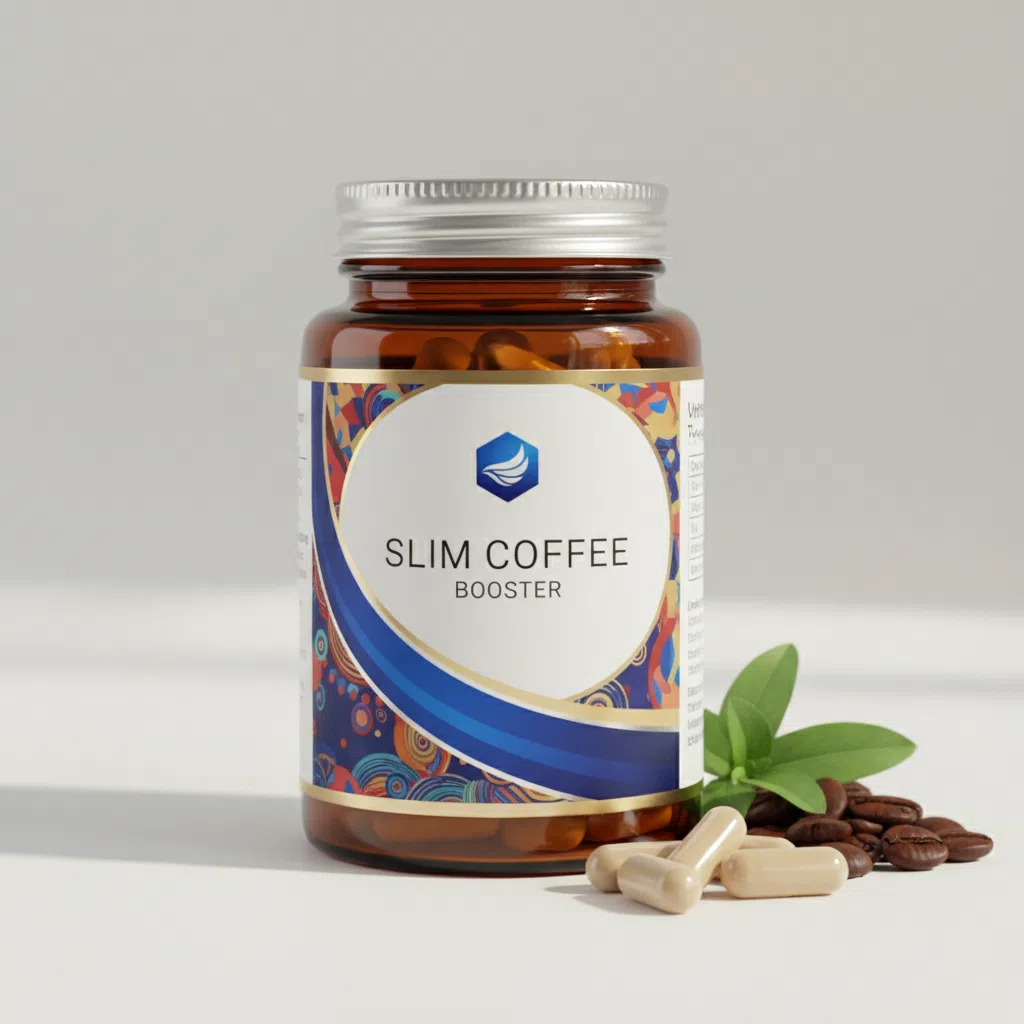 Slim Coffee Booster compact square box - dark charcoal packaging with purple accent and gold lettering